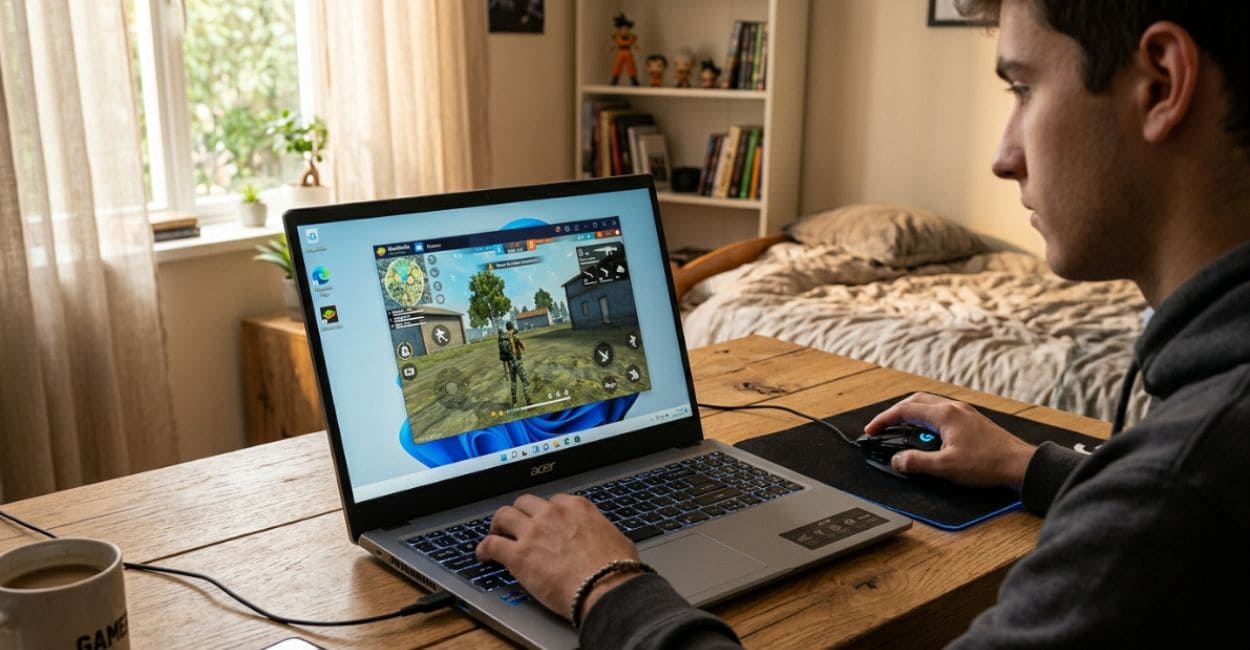 Jovem jogando Free Fire pelo emulador em um notebook comum de entrada com mouse externo