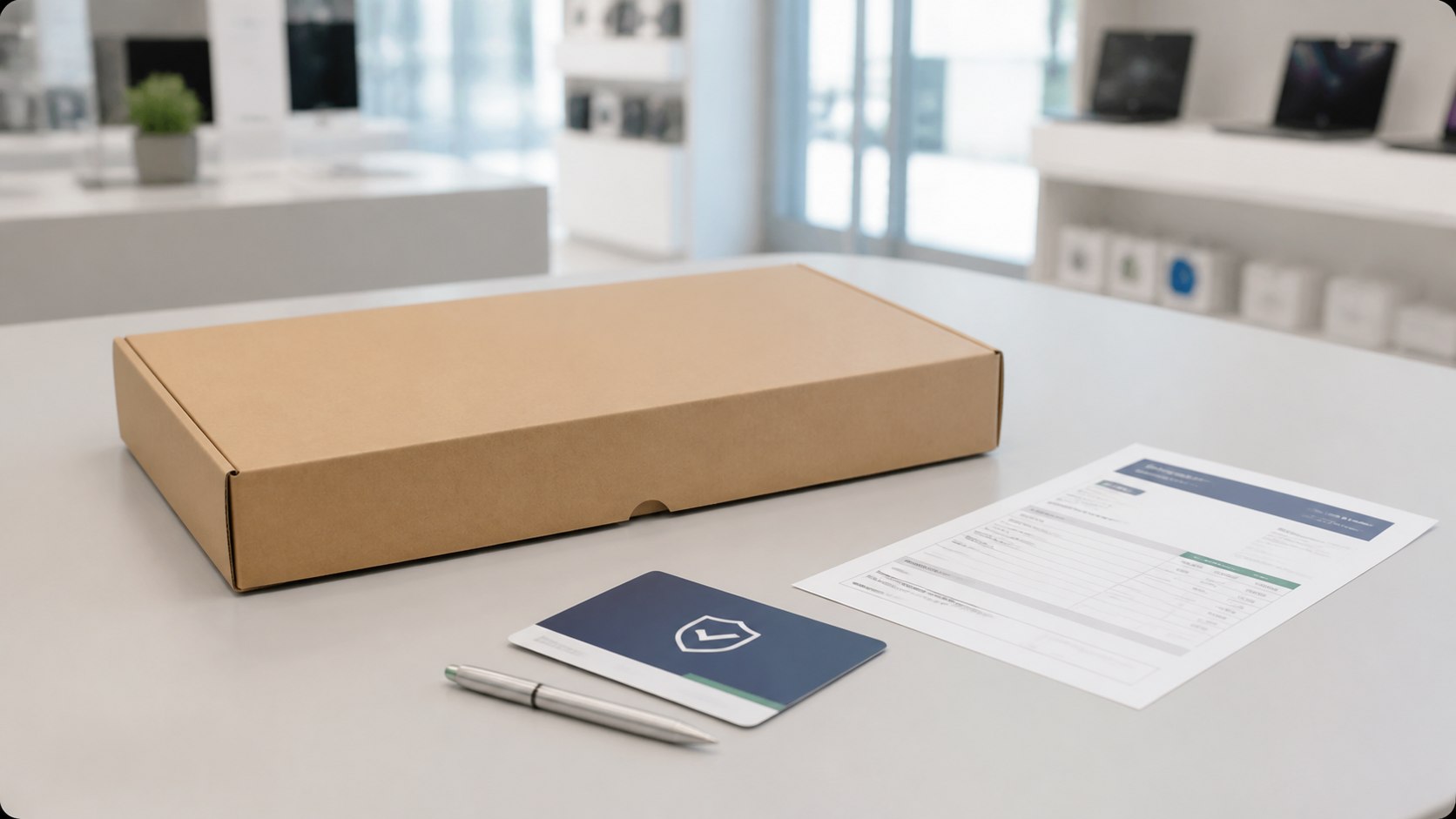 Caixa de notebook fechada ao lado de nota fiscal e cartão de garantia, ilustrando a garantia por marca de notebook