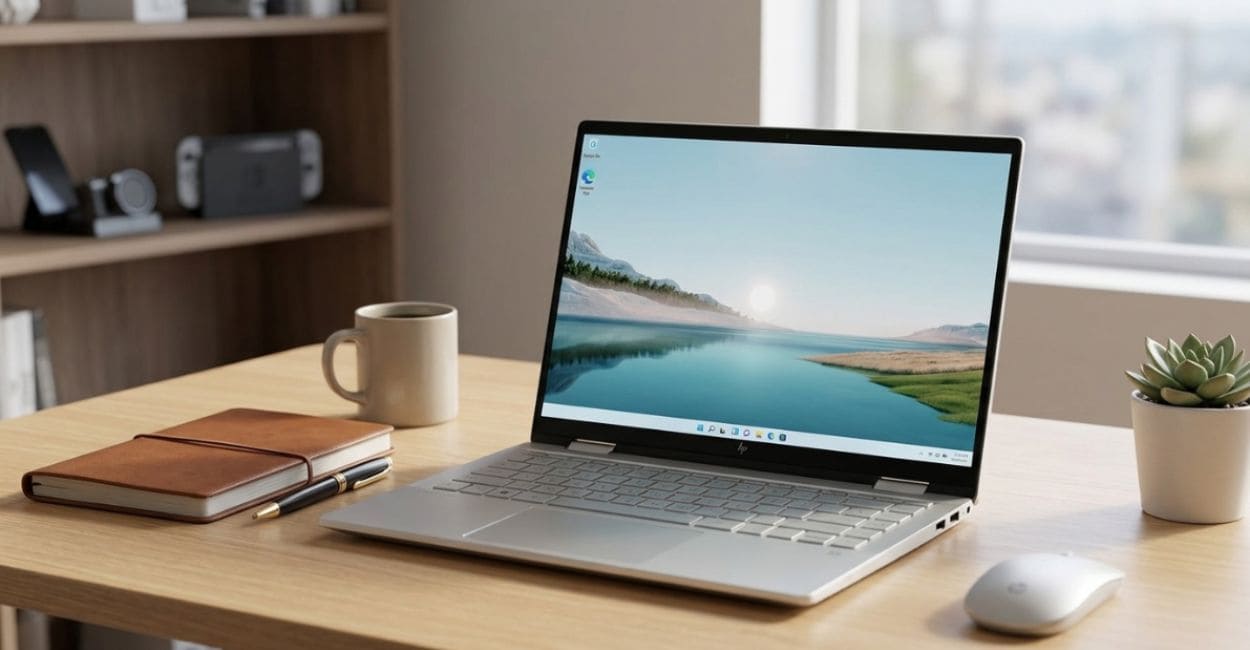 HP Pavilion x360 14 aberto em angulo de tres quartos sobre mesa clara