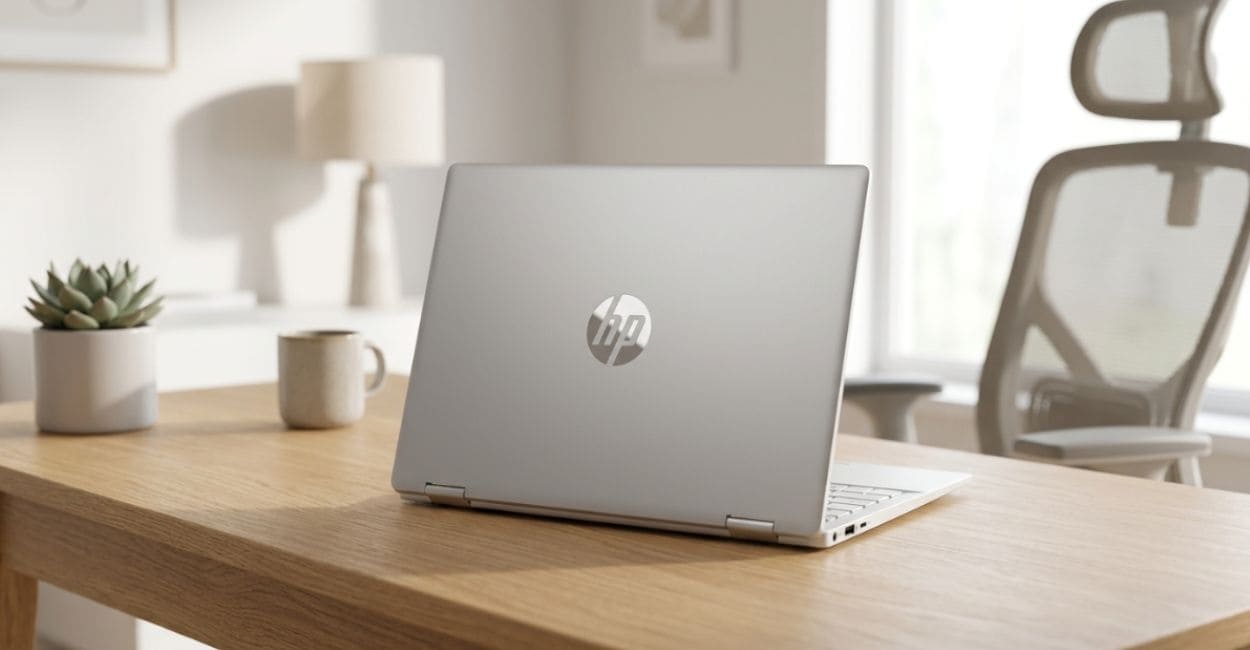 HP Pavilion x360 14 fechado mostrando o acabamento prata da tampa com o logo HP
