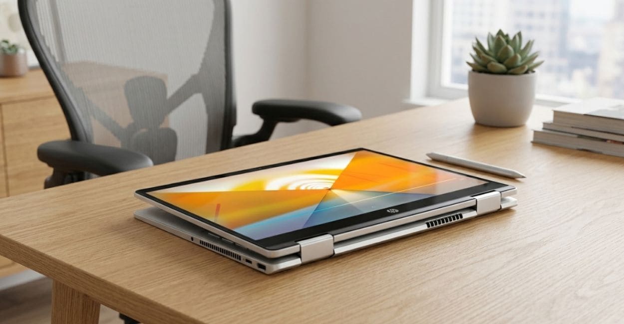 HP Pavilion x360 14 dobrado em modo tablet mostrando a dobradiça de 360 graus