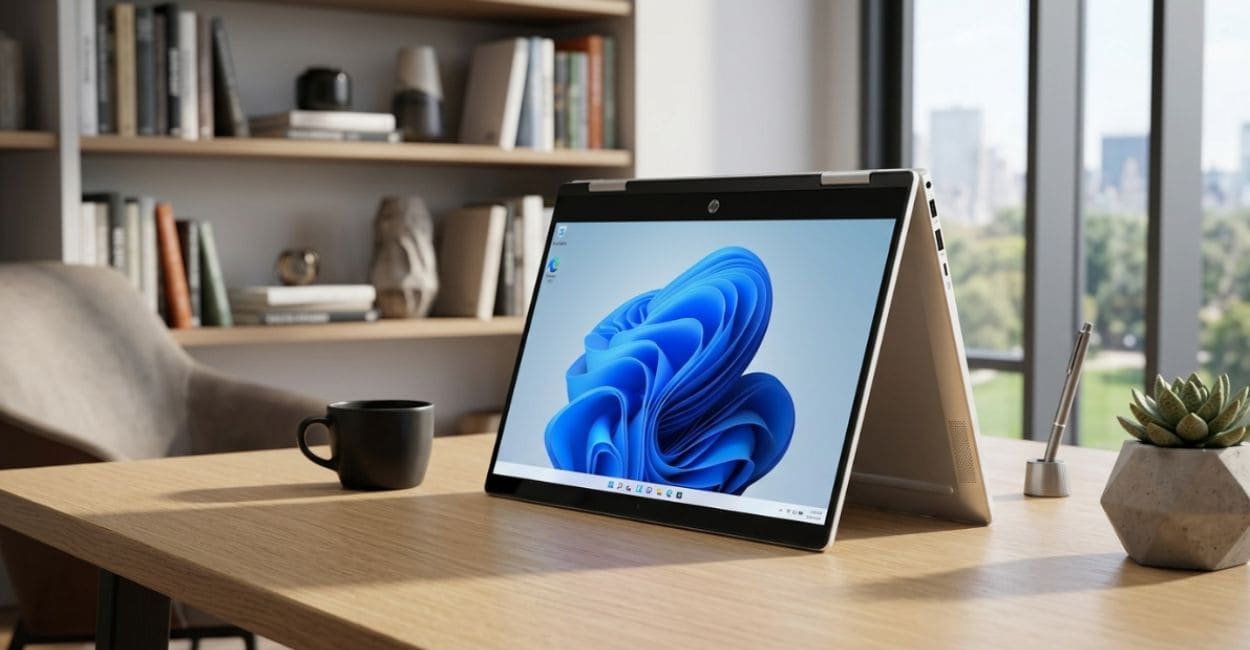 HP Pavilion x360 14 em modo tenda sobre mesa de trabalho