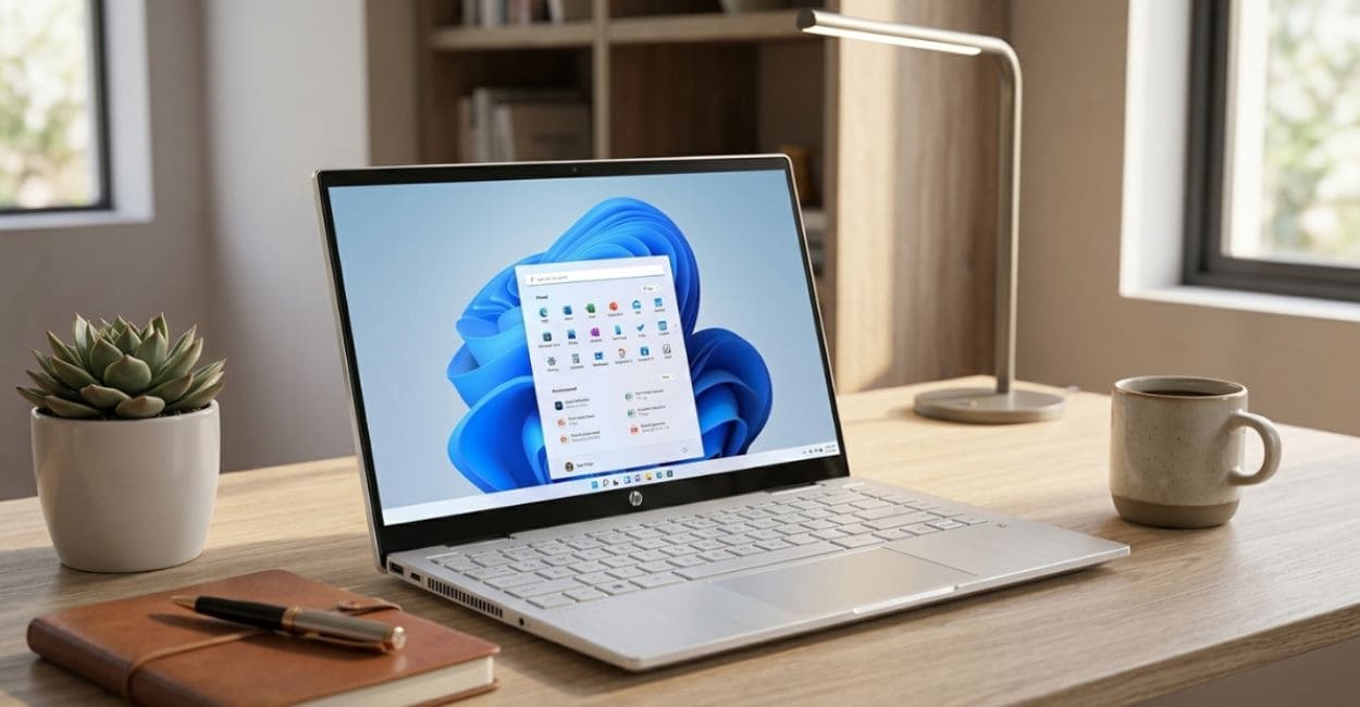 Teclado e touchpad do HP Pavilion x360 14 vistos com o notebook aberto
