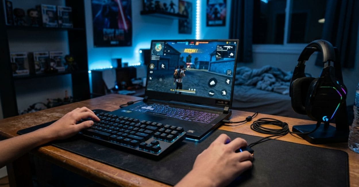 Jogando Free Fire no notebook com teclado e mouse externos em quarto à noite com luz azulada