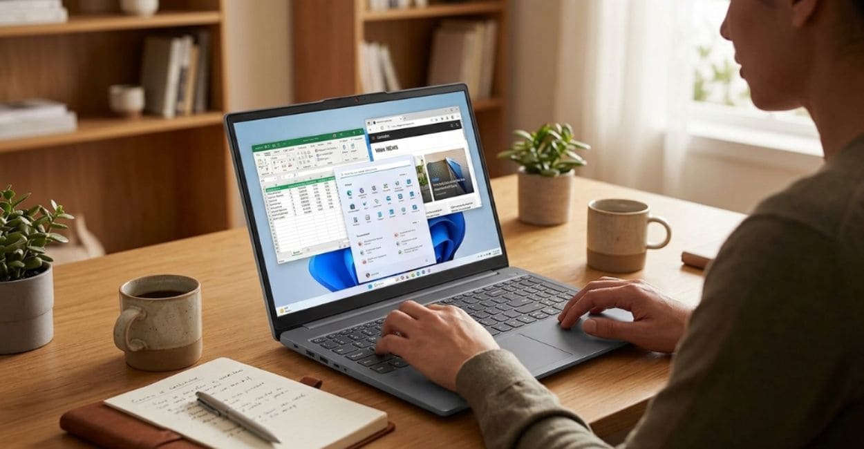 Pessoa digitando em um Lenovo IdeaPad Slim 3 16GB com várias janelas de trabalho abertas na tela