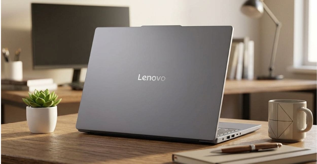 Lenovo IdeaPad Slim 3 16GB fechado, visto de trás, mostrando o logo Lenovo e o acabamento do chassi