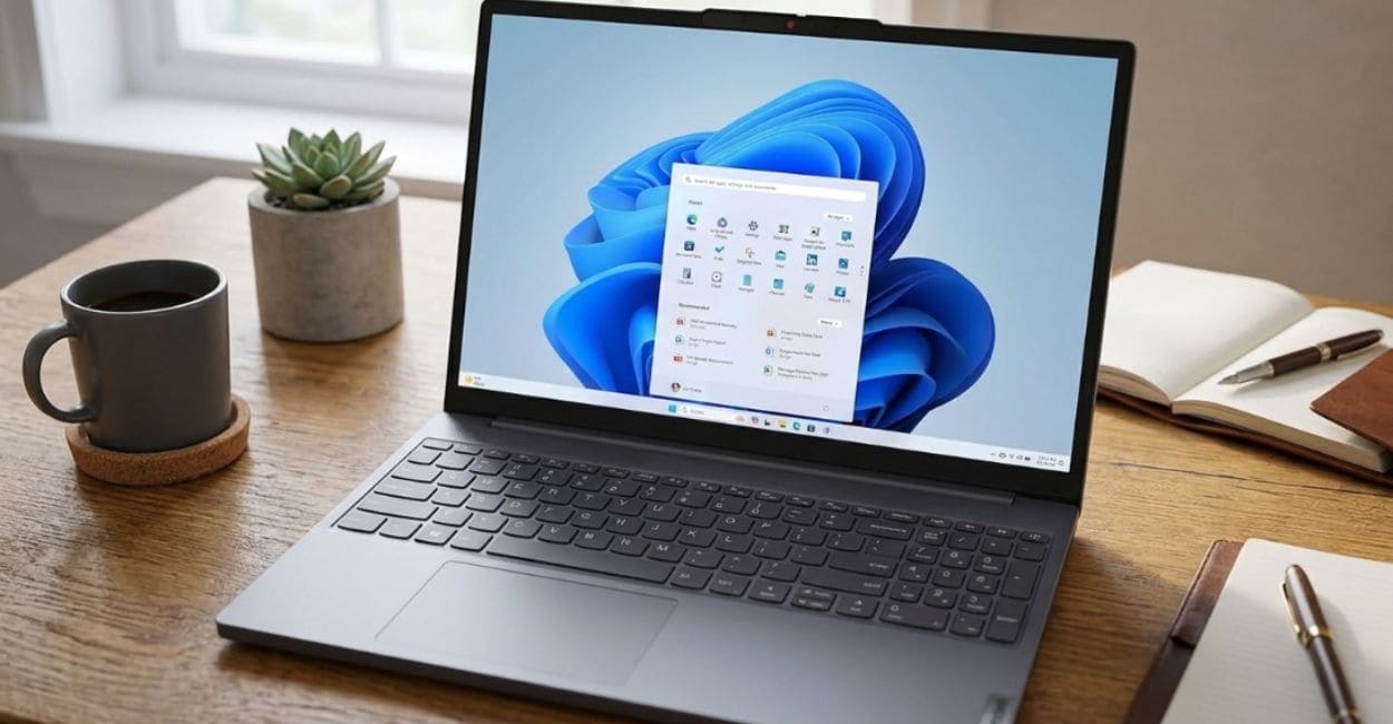 Lenovo IdeaPad Slim 3 16GB em uso sobre mesa de madeira com a tela ligada em ambiente de trabalho