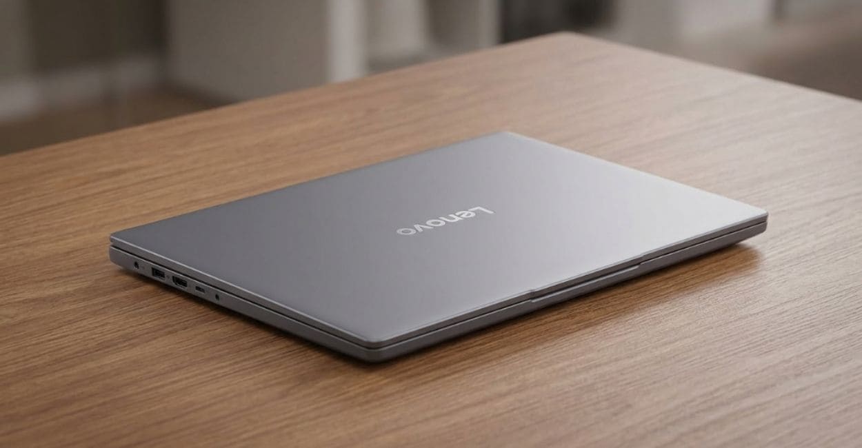 Lenovo IdeaPad Slim 3 16GB fechado, visto de perfil, mostrando a espessura fina do chassi e as portas laterais