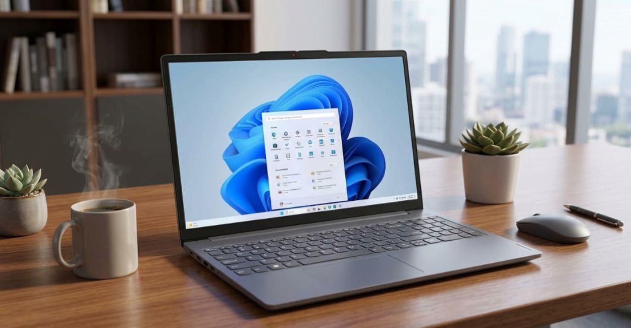Lenovo IdeaPad Slim 3 16GB com a tela WUXGA 16:10 ligada, vista de frente contra um fundo urbano