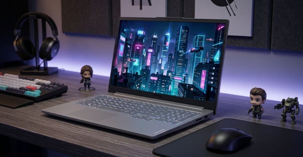 Lenovo LOQ Essential RTX 3050 com tela exibindo cidade cyberpunk à noite