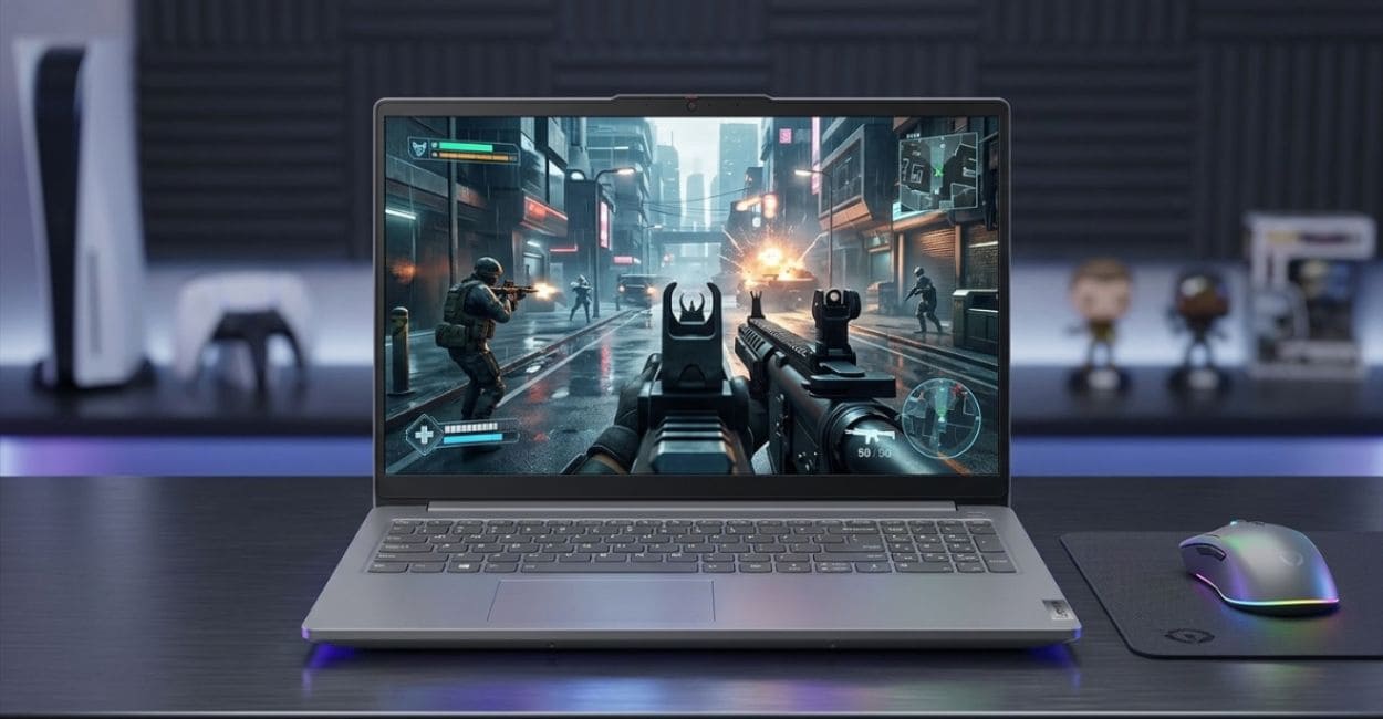 Lenovo LOQ Essential RTX 3050 aberto em mesa de setup gamer com jogo em ação na tela