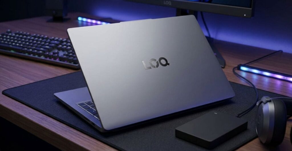 Tampa do Lenovo LOQ Essential RTX 3050 com o logo LOQ em destaque