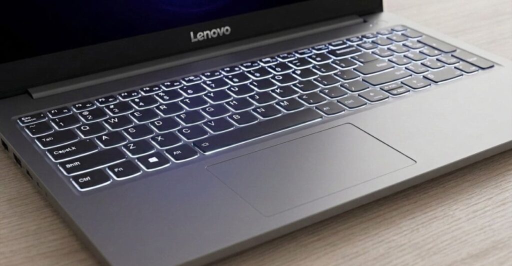 Close-up do teclado retroiluminado branco do Lenovo LOQ Essential