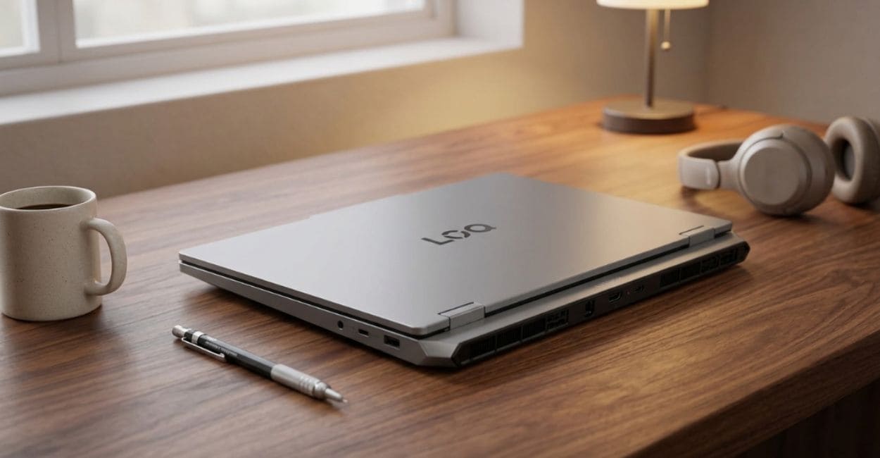 Lenovo LOQ Essential RTX 5050 fechado, com o logo LOQ na tampa, sobre mesa de madeira