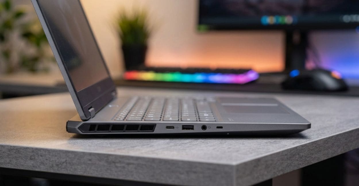 Detalhe das portas laterais do Lenovo LOQ Essential RTX 5050: USB-C, USB-A e saída de fone