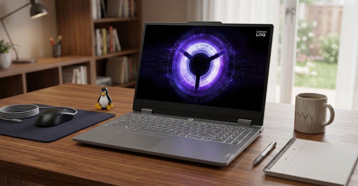 Lenovo LOQ Essential RTX 5050 aberto em home office com um boneco de pinguim do Linux sobre a mesa
