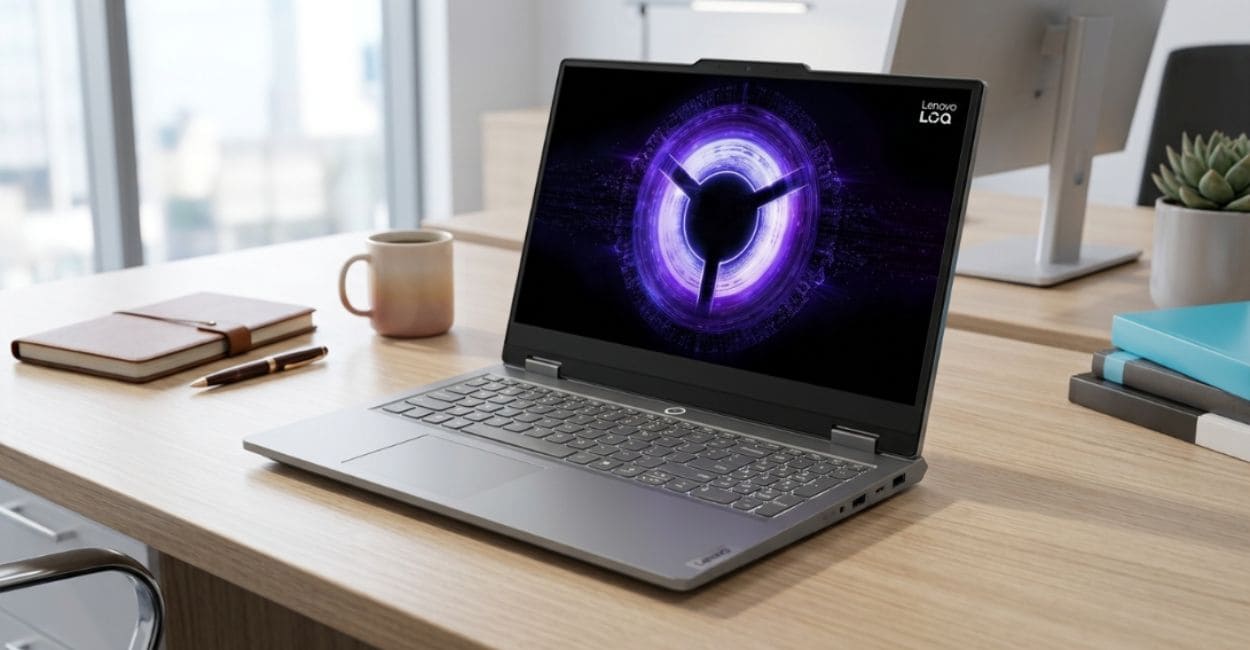 Lenovo LOQ Essential RTX 5050 aberto, mostrando o teclado retroiluminado branco e o chassi cinza