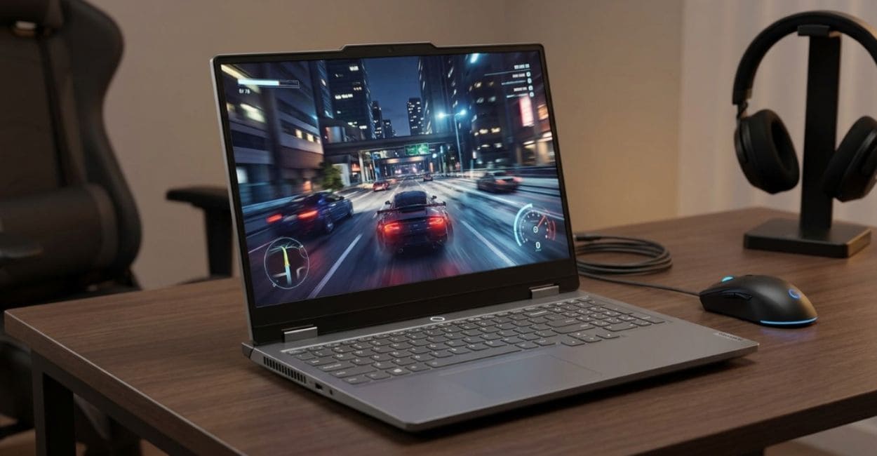 Lenovo LOQ Essential RTX 5050 aberto de frente, tela mostrando um jogo de corrida em execução
