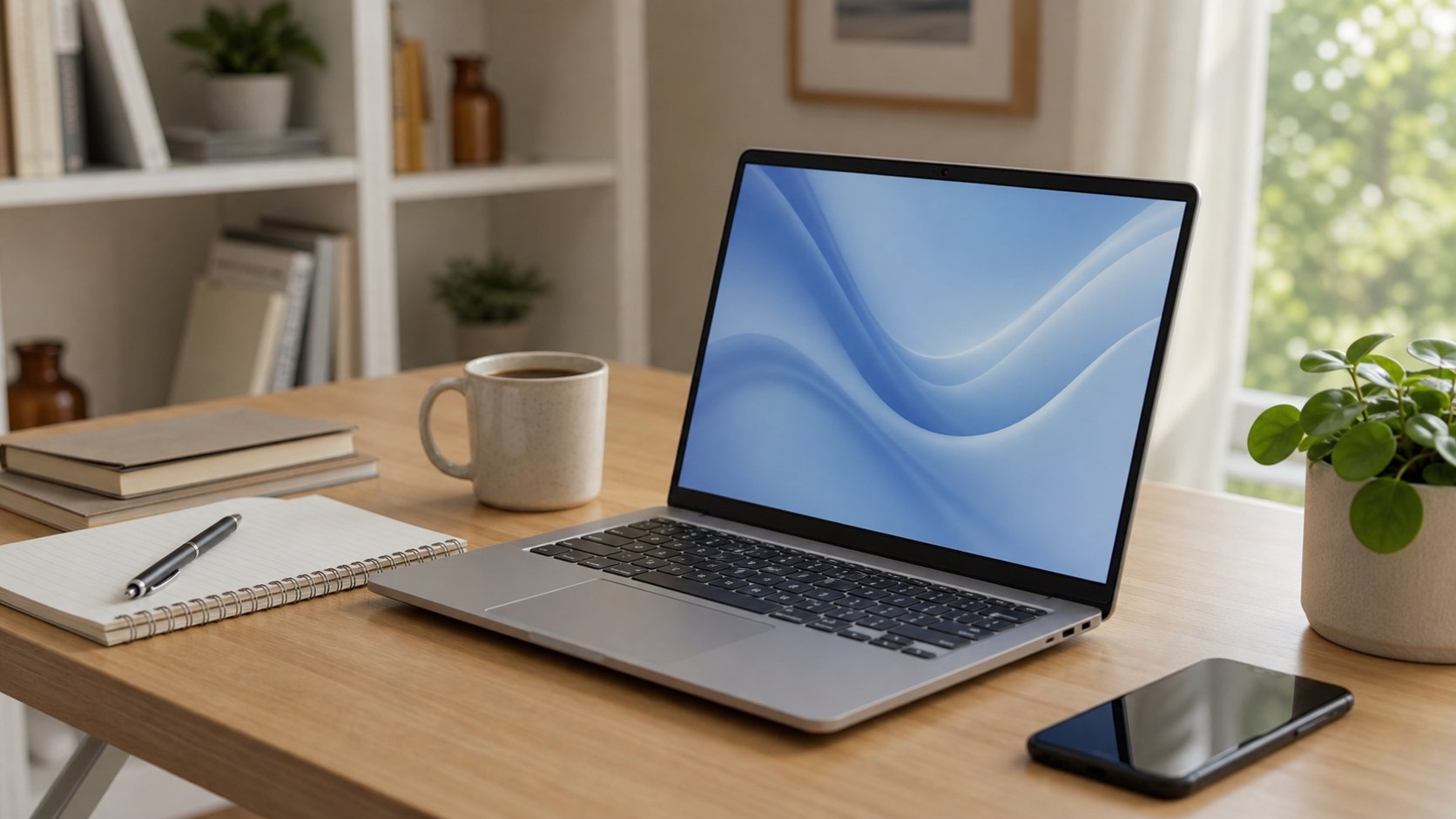 Notebook aberto em mesa de home office, representando o uso diário de um notebook de trabalho