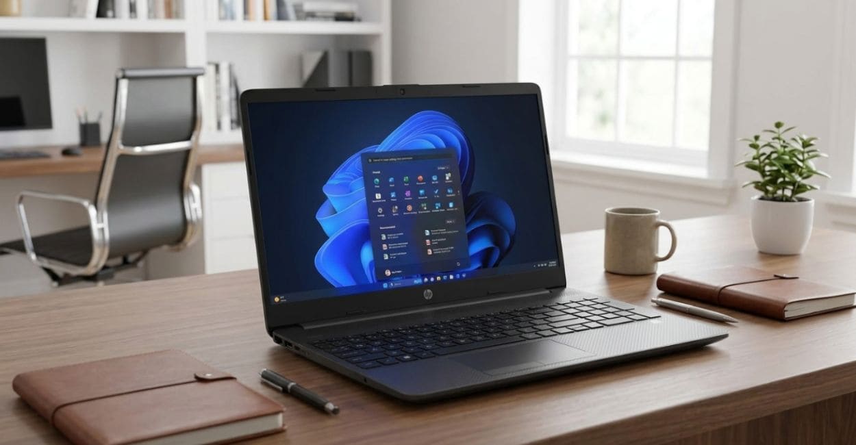 Notebook HP 256R G9 aberto em mesa de home office com Windows 11 na tela