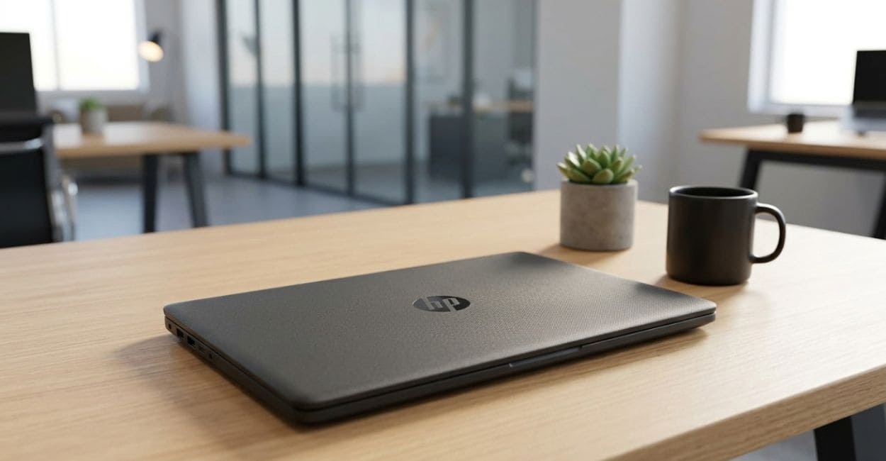 HP 256R G9 fechado mostrando o logo HP na tampa cinza escura