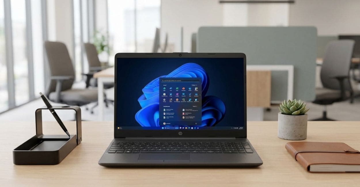 Notebook HP 256R G9 em uso em ambiente de escritório profissional