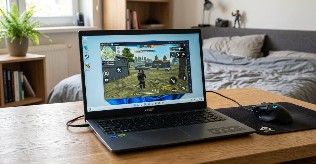 Notebook comum rodando Free Fire por emulador Android sobre mesa de madeira com mouse ao lado