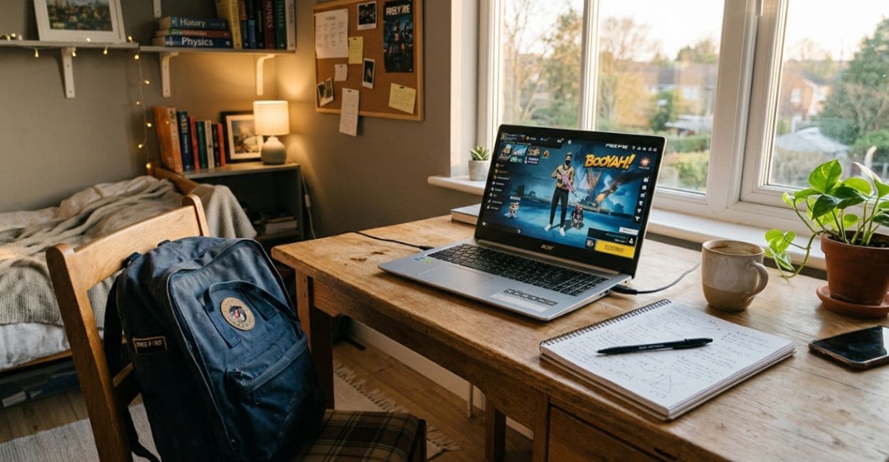 Setup econômico de estudante com notebook rodando Free Fire ao lado de caderno, caneta e mochila