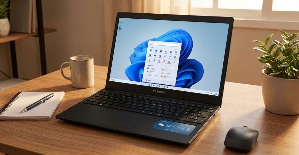 Notebook Positivo Vision R15M preto aberto em mesa de home office