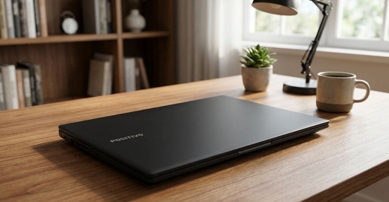 Positivo Vision R15M fechado sobre mesa de home office, mostrando o acabamento preto fosco e a logo Positivo na tampa