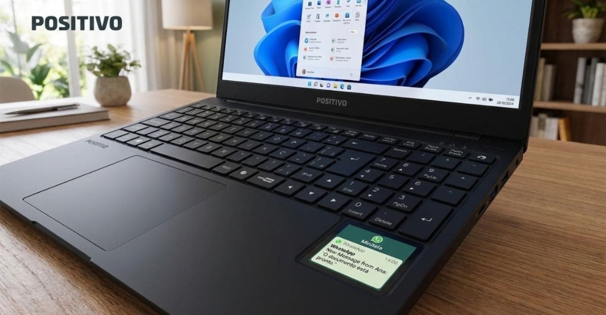 Teclado ABNT2 do Positivo Vision R15M com a Minitela abaixo exibindo uma notificação do WhatsApp