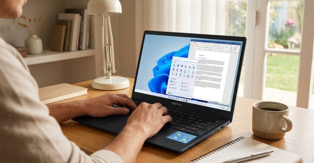 Pessoa trabalhando em home office com o Positivo Vision R15M aberto, documento de texto na tela