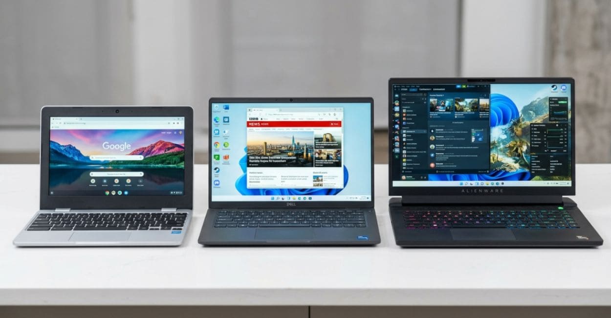 Três notebooks de configurações diferentes lado a lado para comparar os requisitos do Free Fire