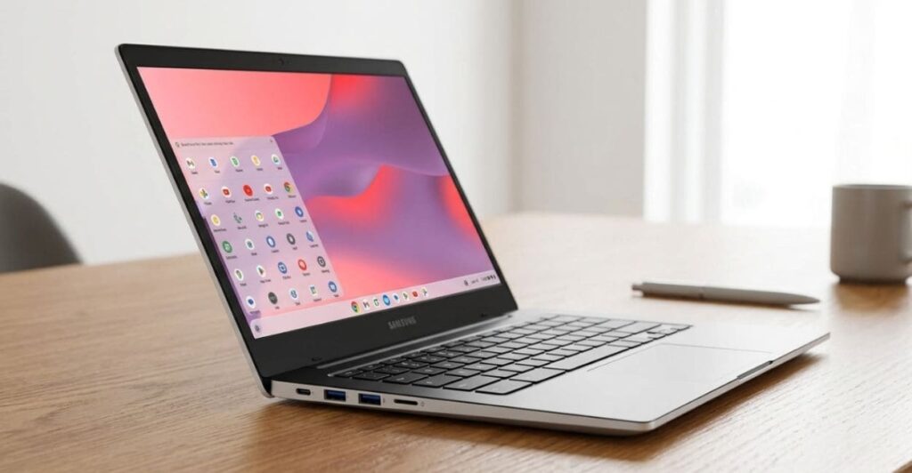 Samsung Galaxy Chromebook Go em ângulo lateral, sobre mesa de escritório com estante desfocada ao fundo