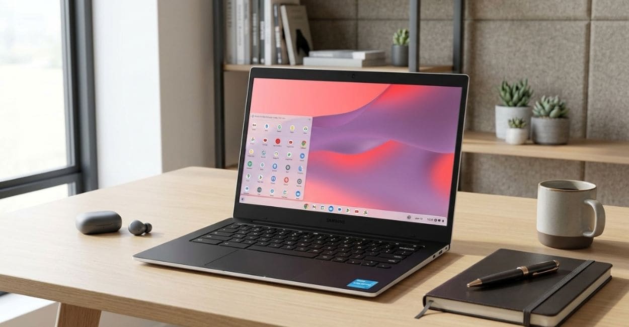 Samsung Galaxy Chromebook Go aberto sobre mesa de madeira, tela exibindo o launcher de apps do ChromeOS