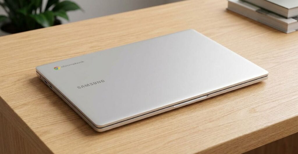 Samsung Galaxy Chromebook Go fechado, vista da tampa prata com o logo Chromebook e Samsung
