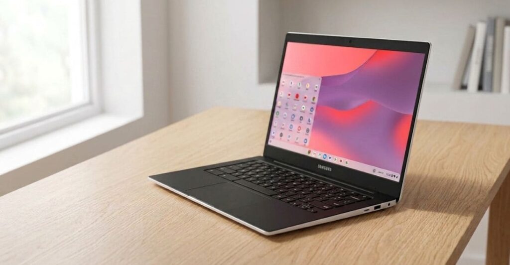 Samsung Galaxy Chromebook Go aberto em ângulo lateral perto de uma janela, mostrando a espessura fina do chassi