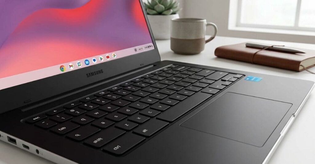 Close-up do teclado do Samsung Galaxy Chromebook Go, mostrando o acabamento preto e a dobradiça