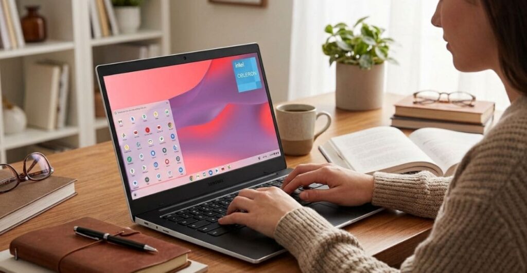 Pessoa digitando no Samsung Galaxy Chromebook Go, com estante de livros ao fundo
