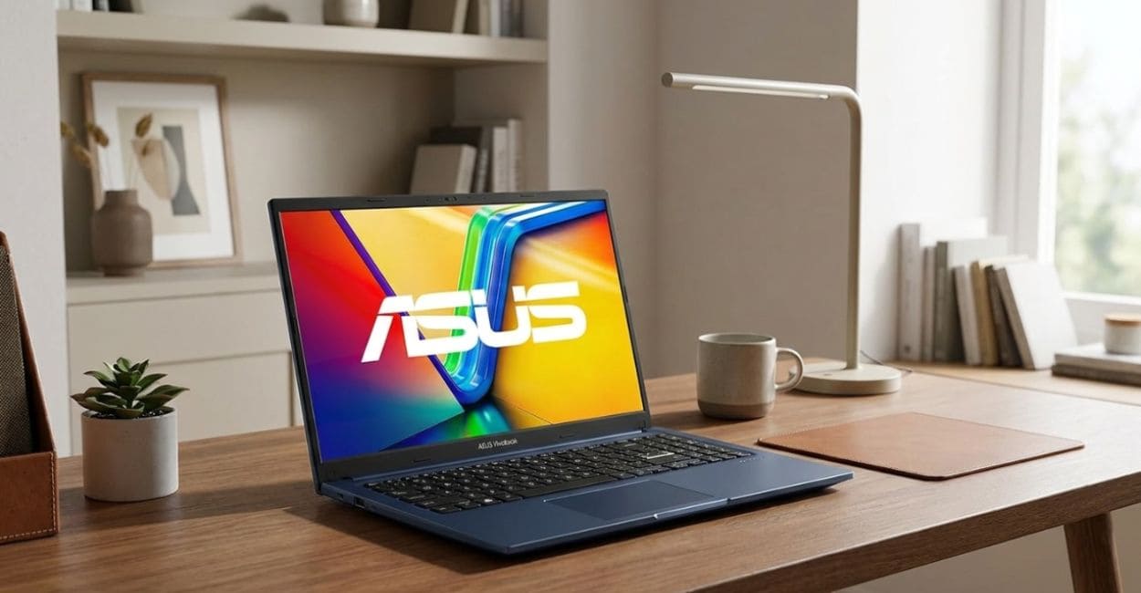 Notebook ASUS Vivobook 15 X1504VA-NJ1745W aberto sobre mesa de home office, cor Quiet Blue