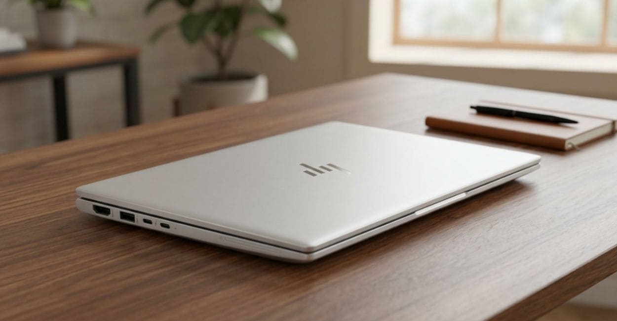 HP EliteBook 640 G11 fechado sobre mesa de escritório, vista traseira com o logo HP