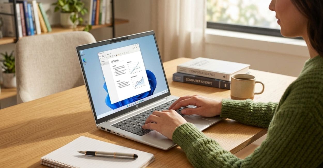 Mulher usando o HP ProBook 440 G11 para trabalho com planilhas e gráficos no dia a dia