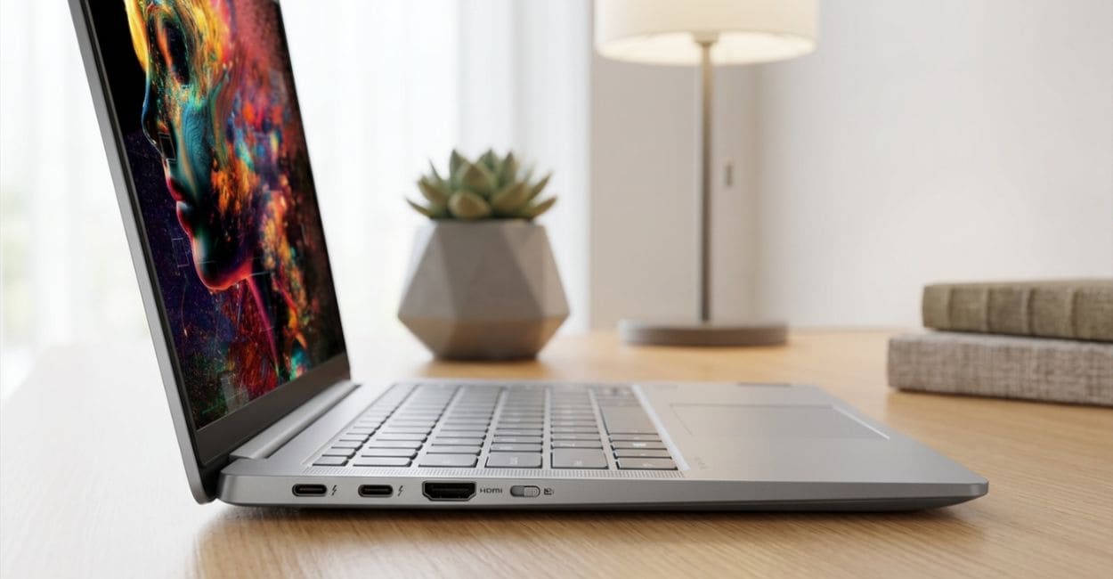 Lateral do Lenovo Yoga Slim 7i mostrando a espessura fina do chassi e a tela OLED vívida