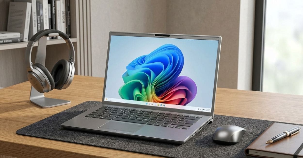 VAIO FE14 aberto sobre mesa de madeira, com a tela ligada, fone de ouvido e mouse ao lado