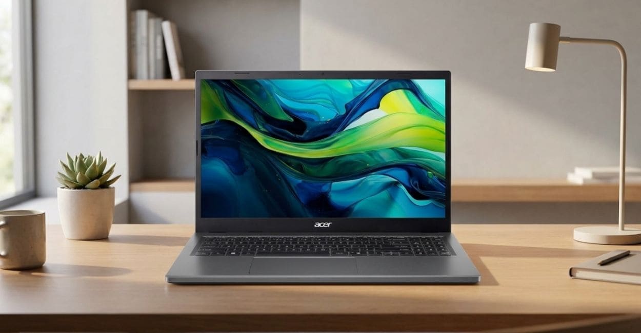 Notebook Acer Aspire Go 15 AG15-71P-5939 cinza aberto em mesa de home office