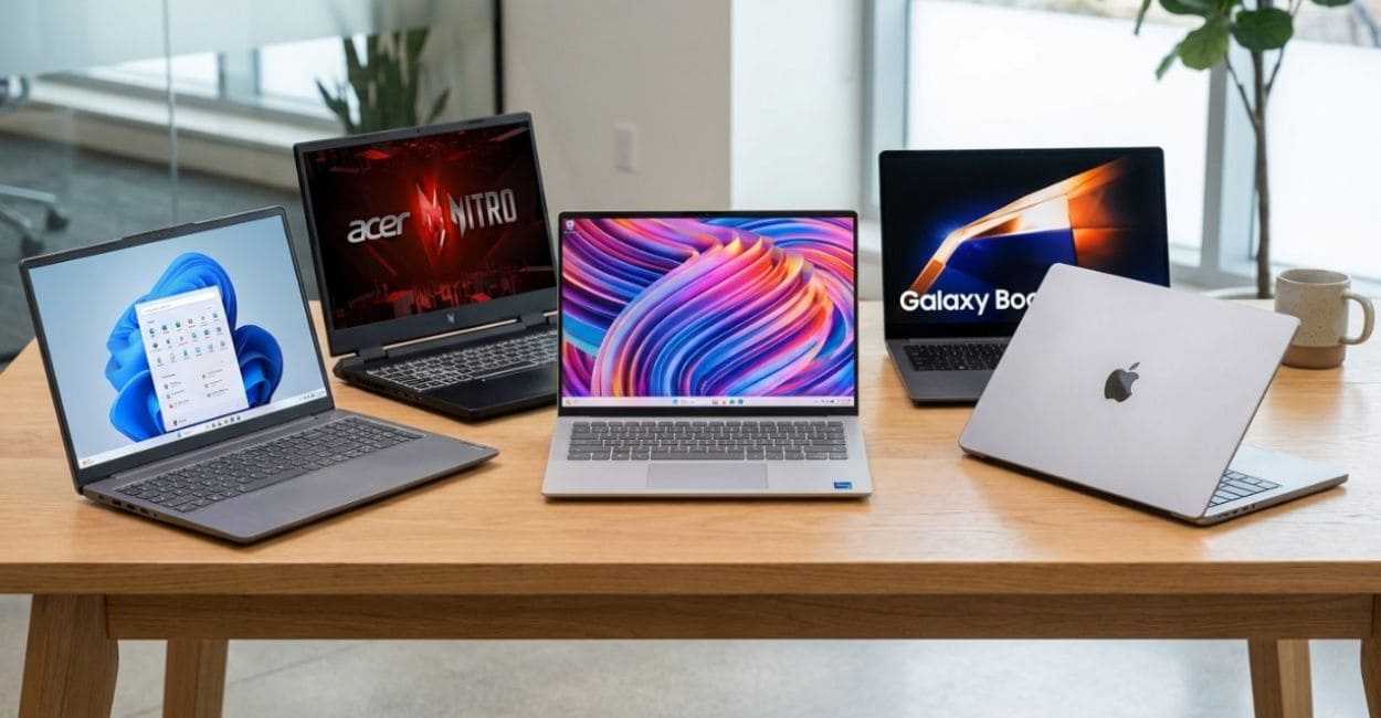 Cinco notebooks de marcas diferentes abertos sobre mesa de madeira em ambiente de trabalho