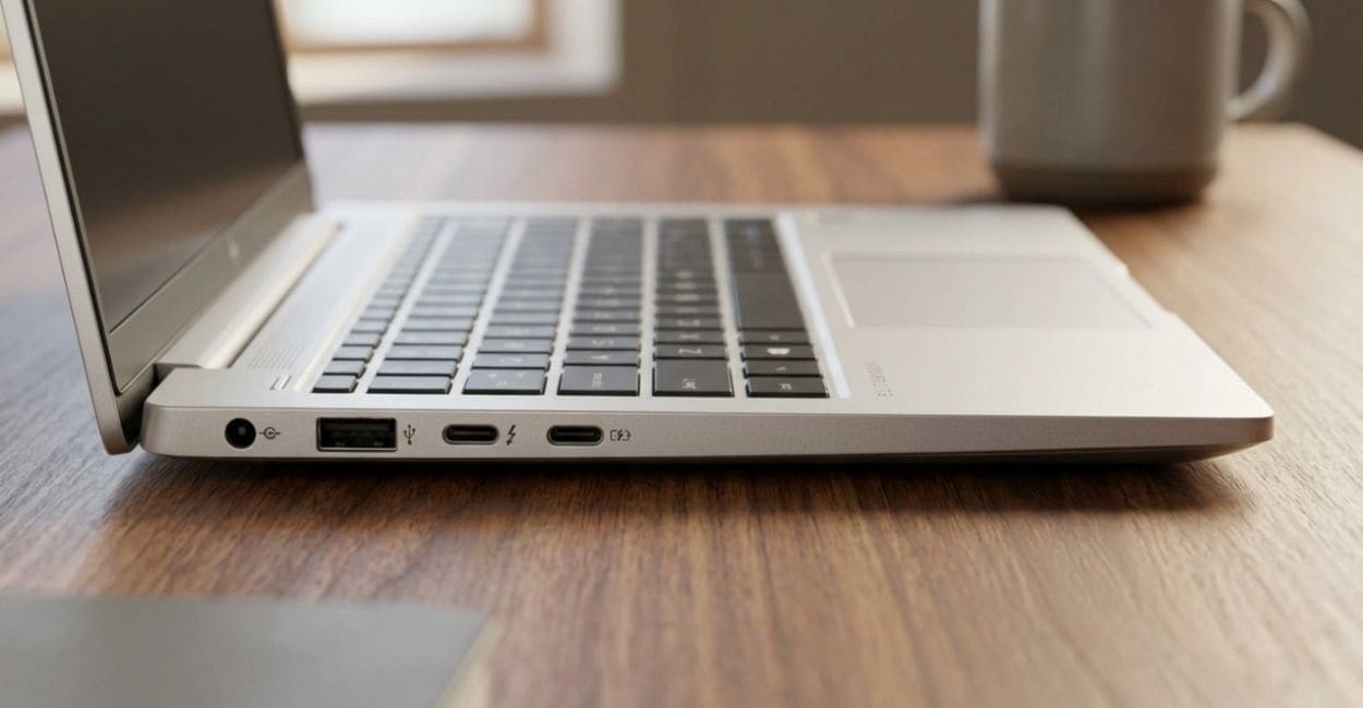 Portas USB-C Thunderbolt 4 do HP EliteBook 640 G11 vistas de perfil