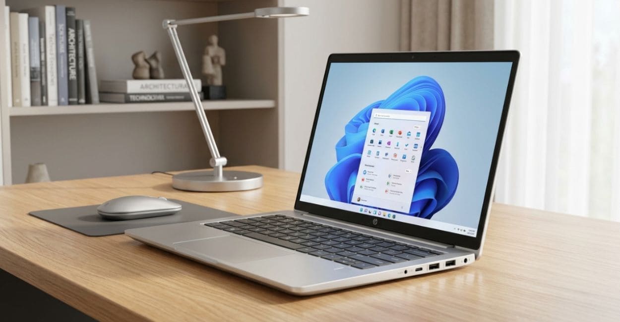 HP ProBook 440 G11 aberto em mesa de escritório mostrando as portas laterais
