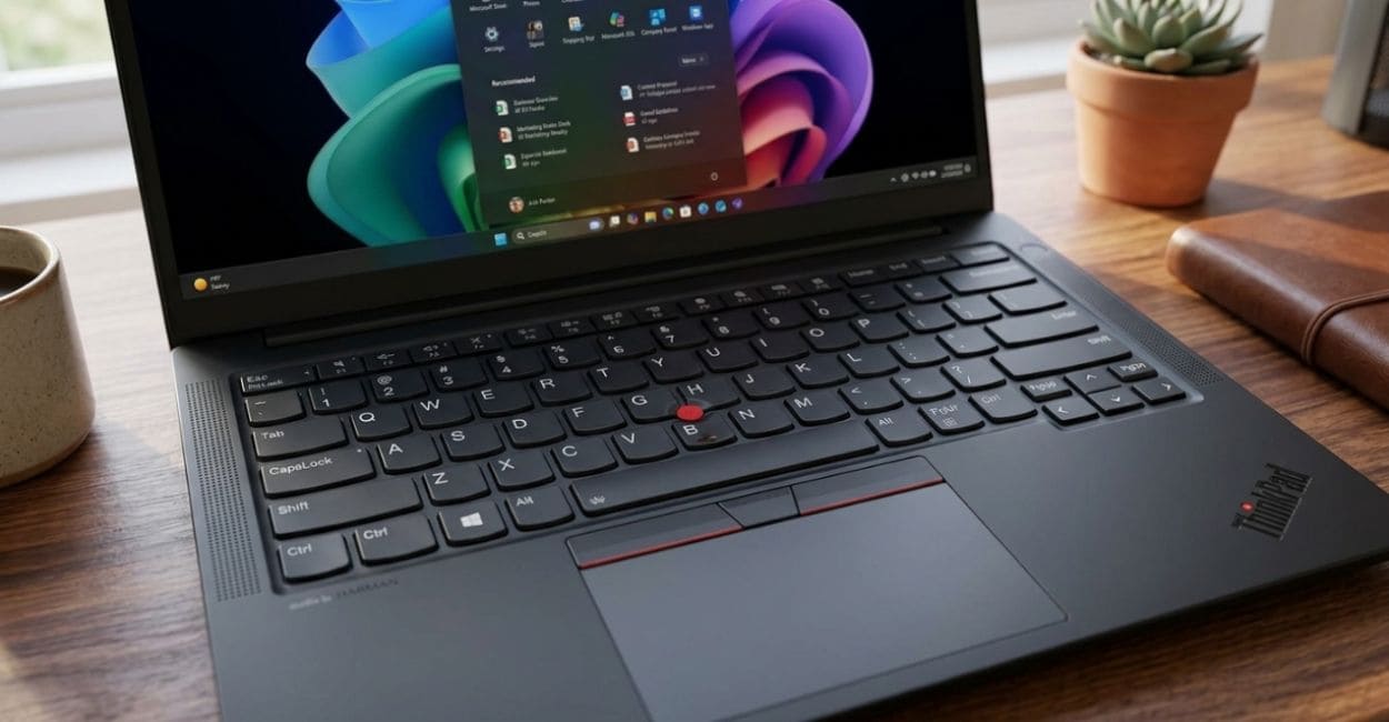 Teclado retroiluminado do Lenovo ThinkPad E14 Gen 7 em destaque, com TrackPoint vermelho