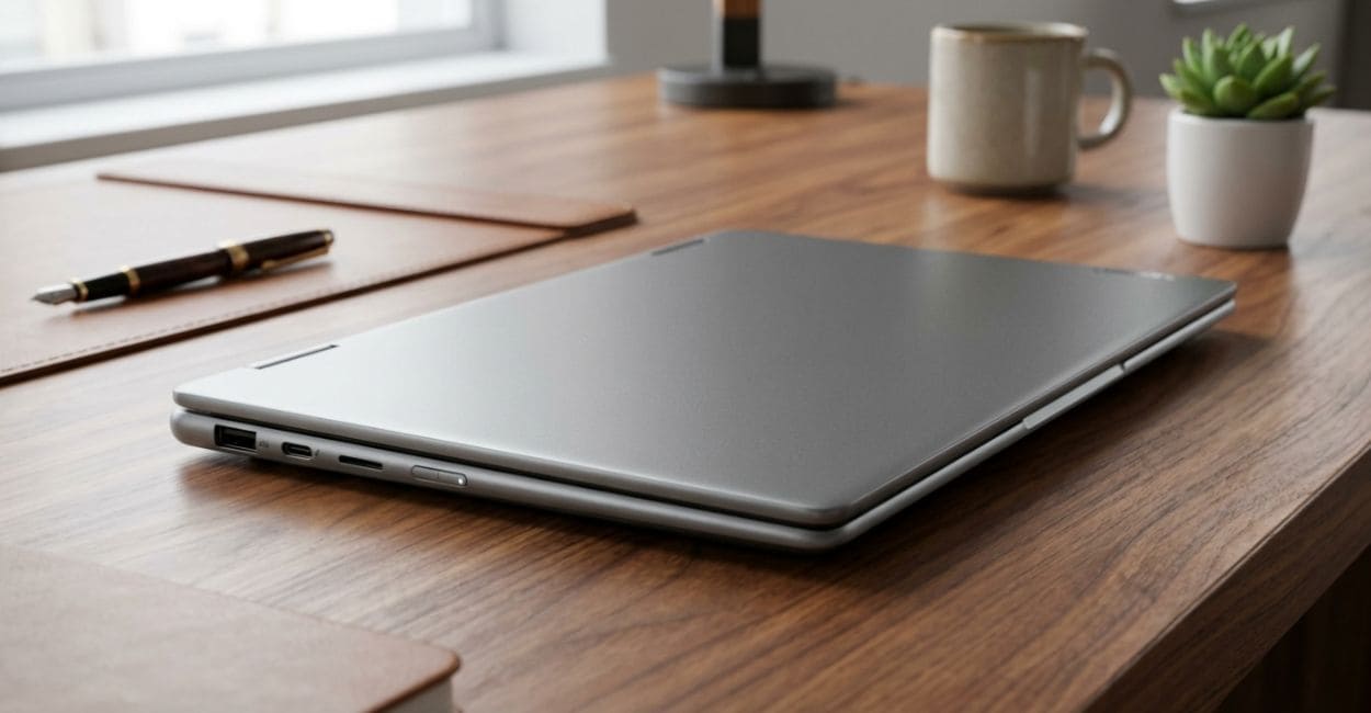 Lenovo Yoga 7i 2 em 1 Aura Edition fechado sobre mesa de madeira, mostrando o acabamento cinza da tampa
